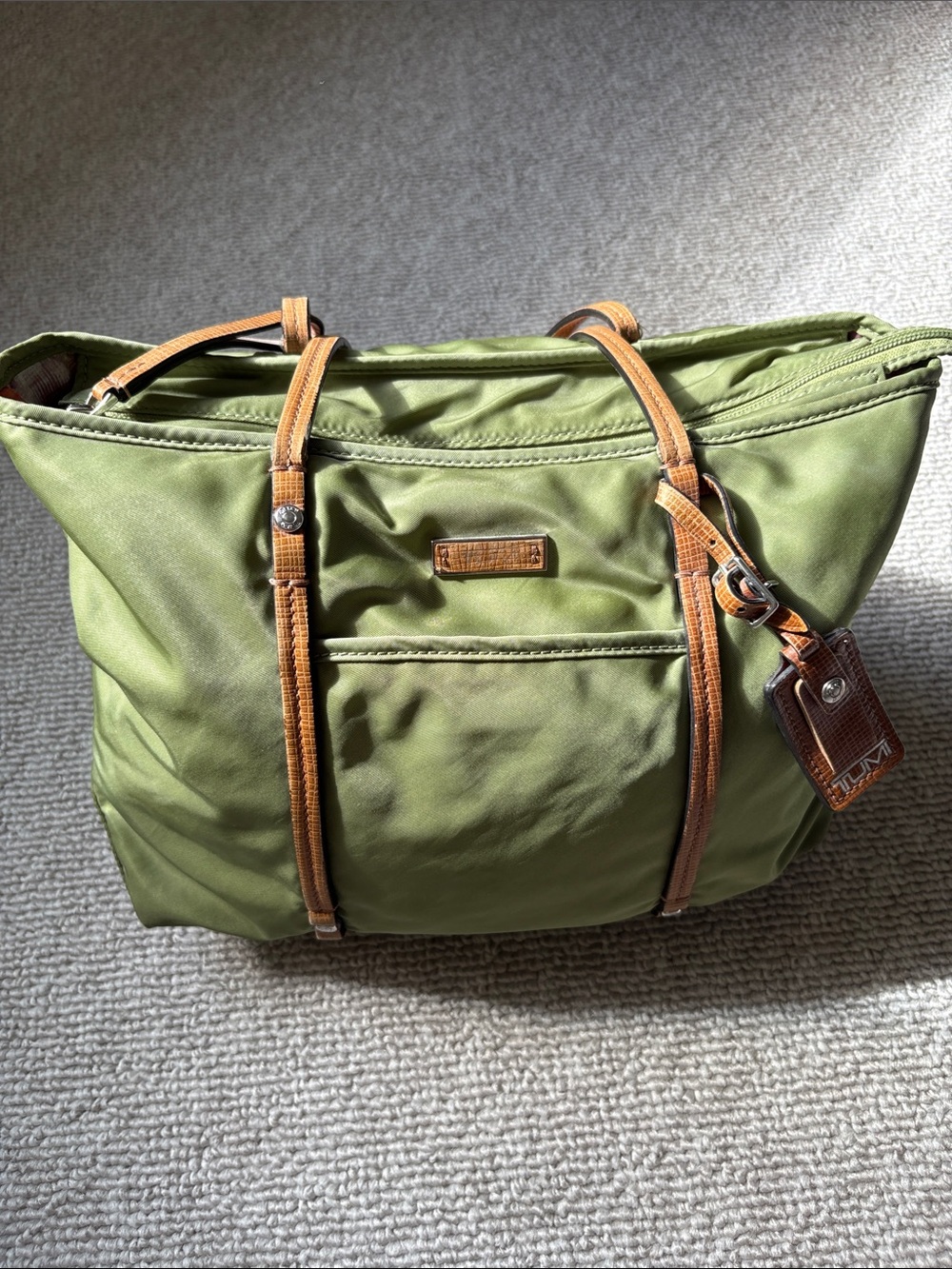 Tumi Olive Green Tote with Tan Trim